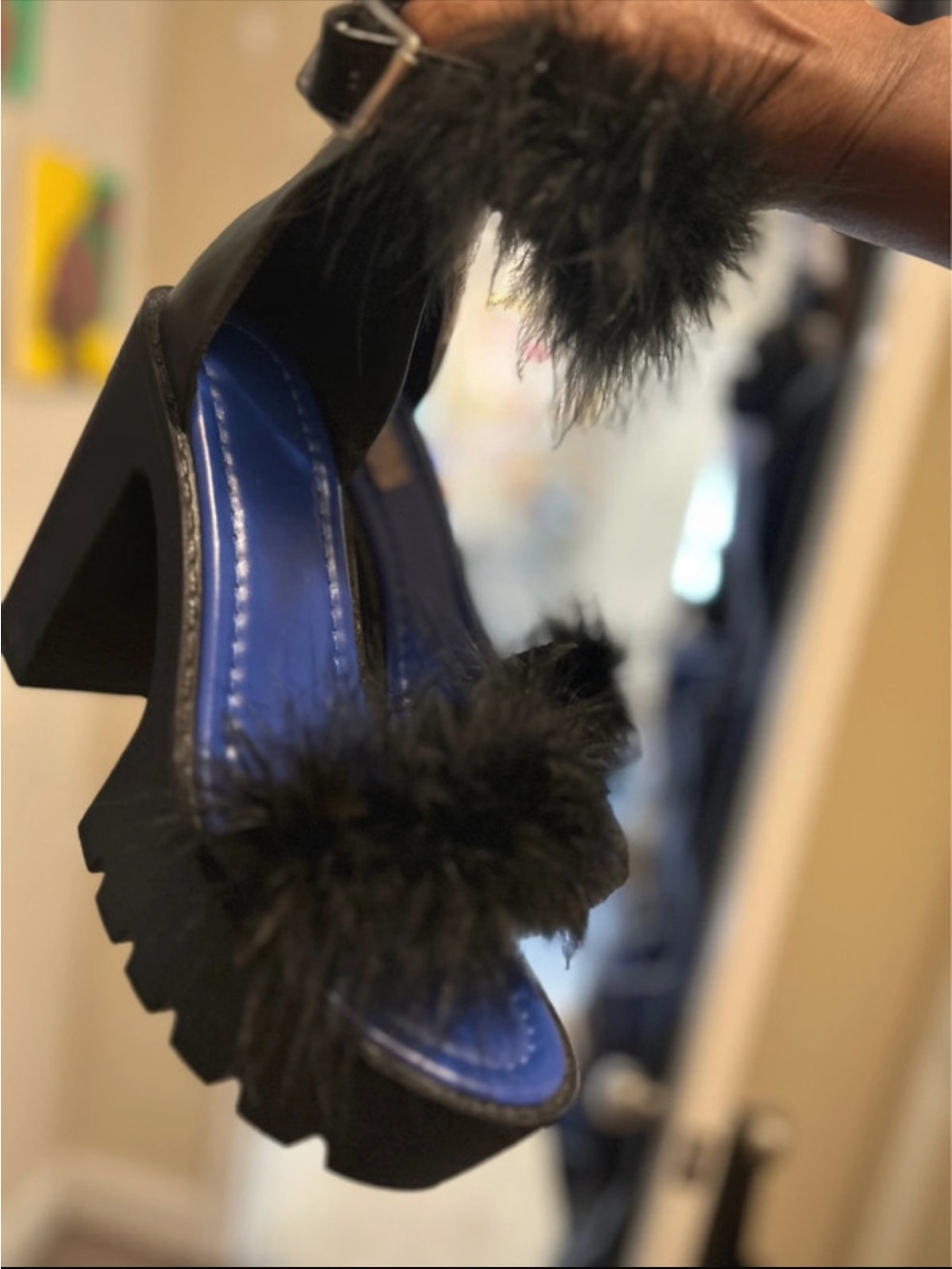 Black Faux-Fur Block Heel Sandals with Blue Insole
